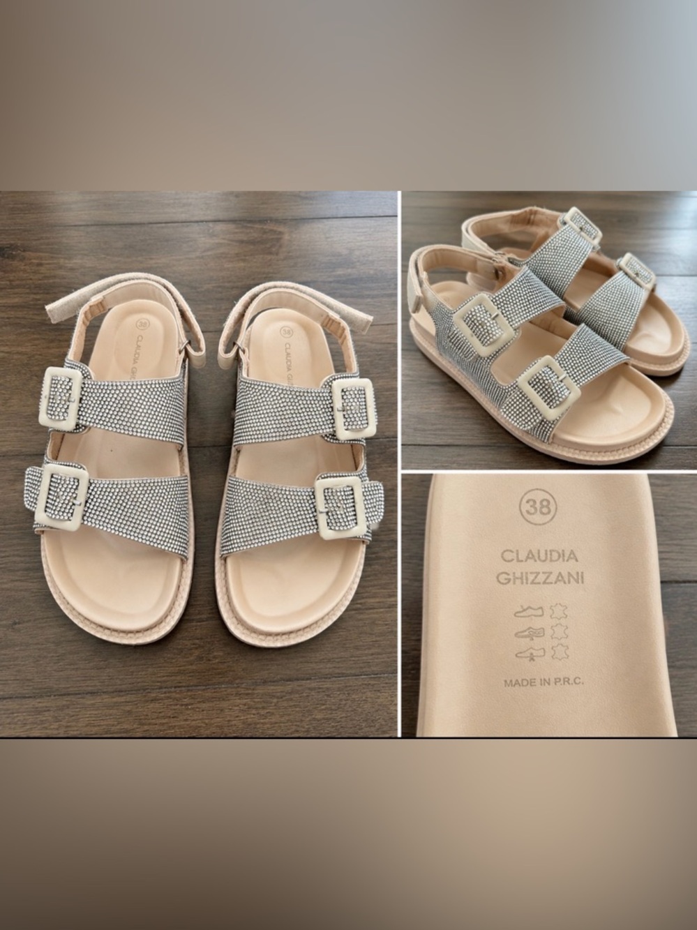 CLAUDIA GHIZZANI Adjustable rhinestones Sandals/ woman’s 38 Cushioned Sole.
